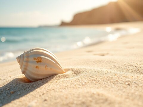 Close up of a seashell resting on the sandy beach with a shallow depth of field, sunlight, coastline, seashell