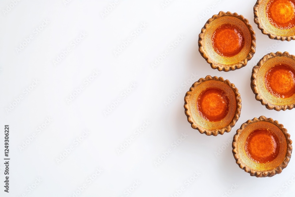 Poster a row of small, golden pastries sit on a white background. the pastries are arranged in a neat row, 