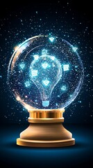 Information knowledge retrieval. A glowing snow globe containing a light bulb, surrounded by sparkling particles, creating a magical and enchanting atmosphere.