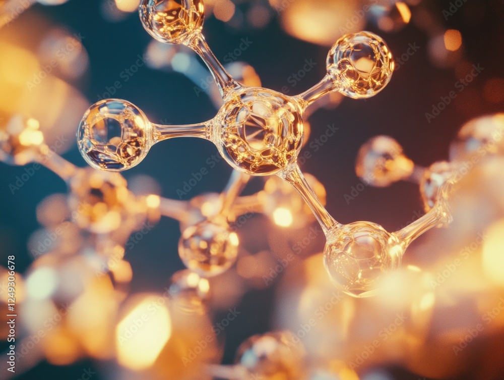 Poster a close up of a cluster of glass spheres, each one of which is a molecule. the spheres are all diffe