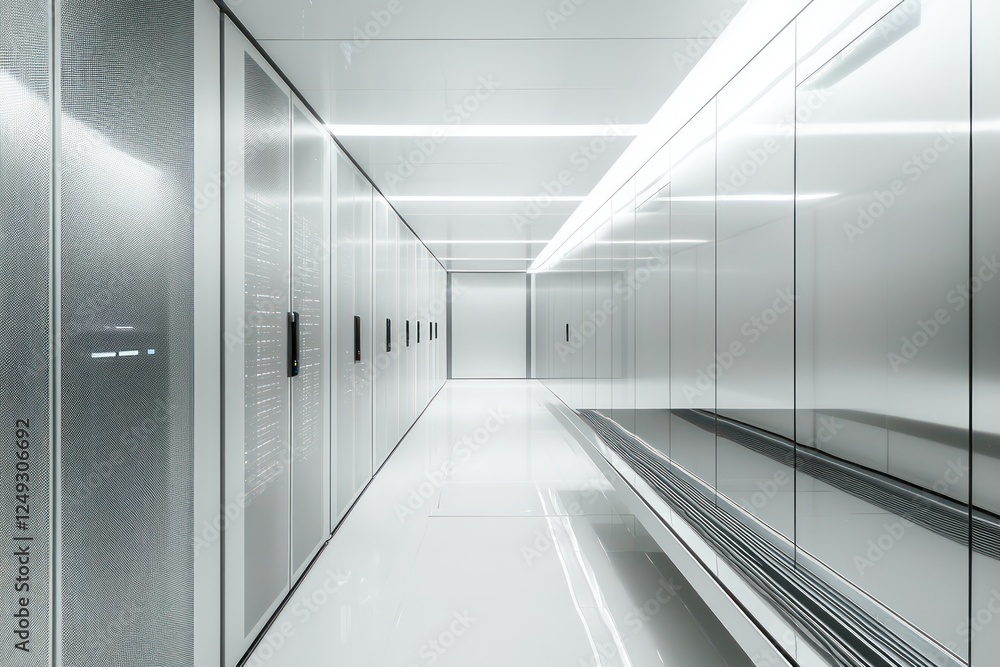 Poster minimalist approach in server room design uses sleek lines and neutral tones.