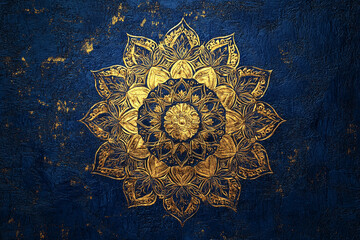 Intricate golden mandala design on a deep blue textured background highlighting elegance and craftsmanship