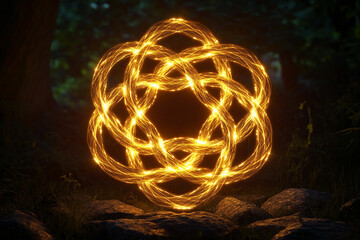 Unique glowing geometric pattern illuminates the forest floor at twilight