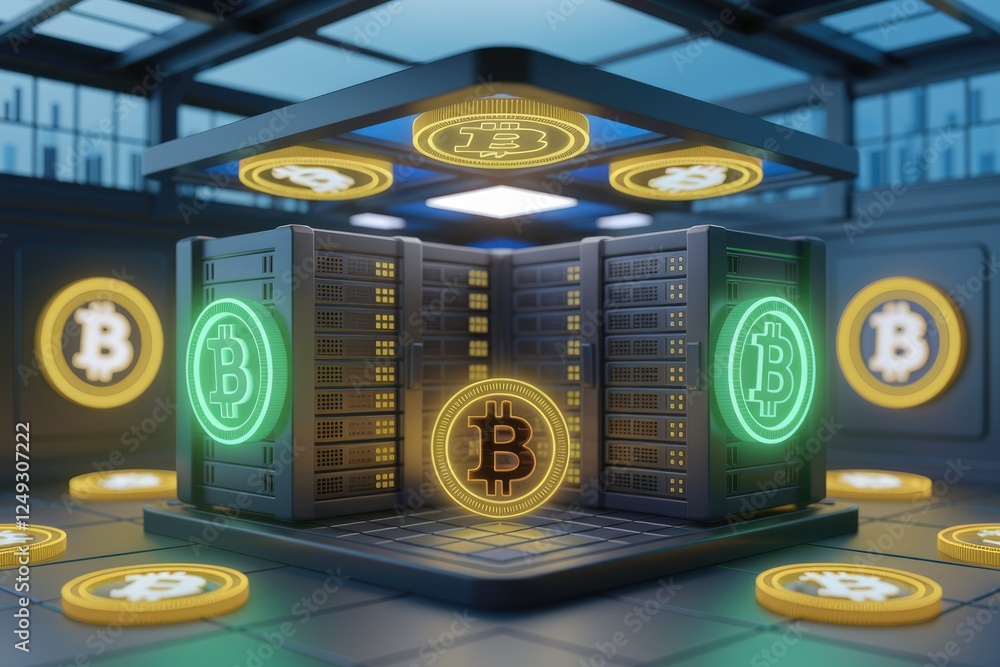 Poster bitcoin mining servers, illuminated with glowing bitcoin symbols, represent the decentralized nature