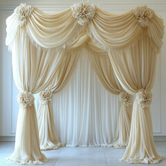Elegant Draped Backdrop: A sophisticated wedding backdrop features champagne-colored silk drapes with delicate rosette embellishments, creating a romantic and luxurious atmosphere.
