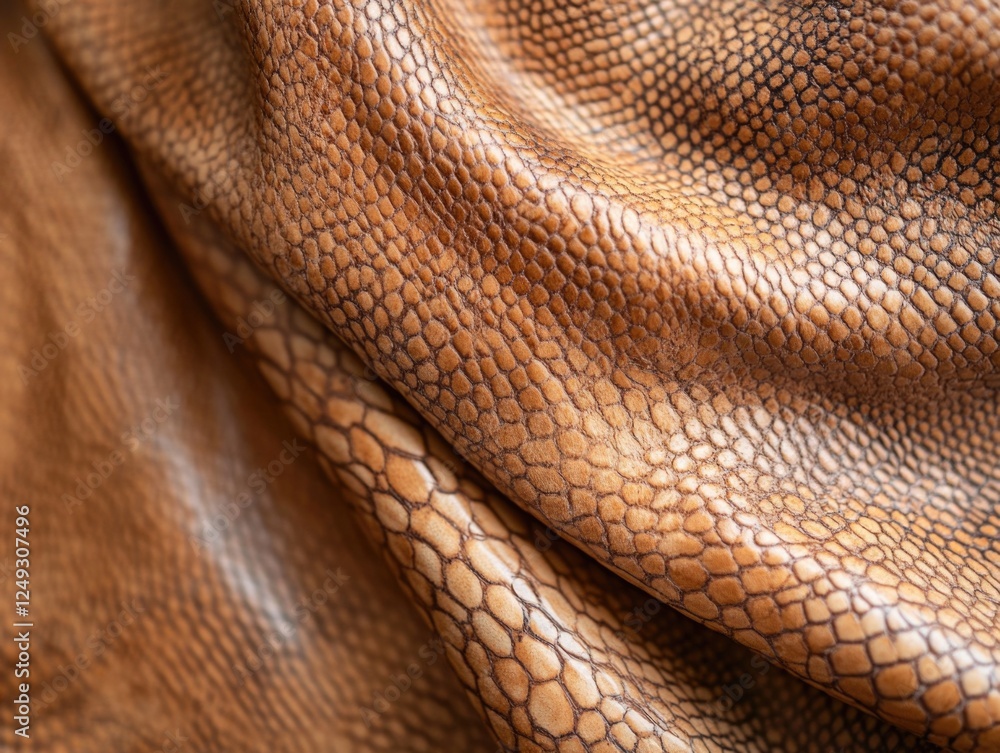 Poster a brown leather material with a pattern of scales. the material is soft and smooth to the touch