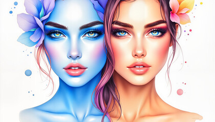 Fototapeta premium Harmonious faces in watercolor blending cool and warm tones, balance