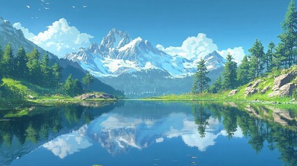 Fototapeta premium Alpine lake reflects snowy peaks, sunny sky; tranquil nature scene for travel brochure