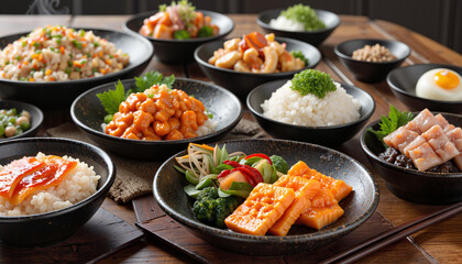 Vibrant Korean banchan selection on rustic table, culinary artistry