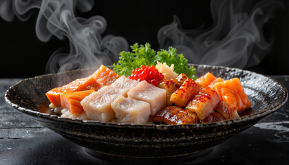 Elegant banchan selection on dark background with smoke, culinary art