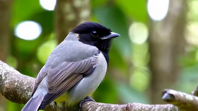 Black-faced Cuckoo-shrike. black-faced cuckoo-shrike perched on a branch in the forest. black-faced cuckoo-shrike in motion with wings spread. serene forest scene with black-faced cuckoo-shrike perche