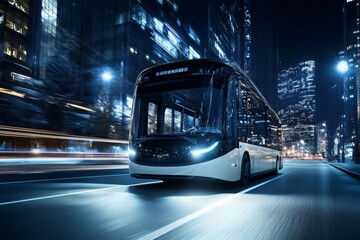 Fototapeta premium Modern Electric Bus in Cityscape at Night with Motion Blur Effects