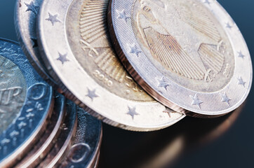 Close up of pile of two euro coins. 3d rendering illustration