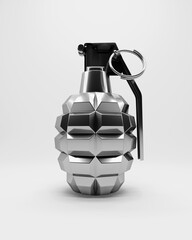 Fototapeta premium Grenade explosive military weapon ordnance fragmentation safety pin handle silver black and white 3d illustration
