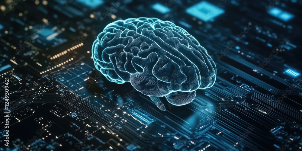 Poster image of a human brain amidst digital circuit boards, symbolizing the connection between cognitive f