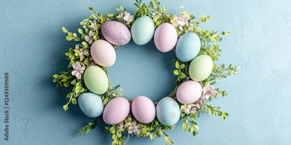 Poster a wreath of eggs with a blue background. the eggs are in different colors and are arranged in a circ
