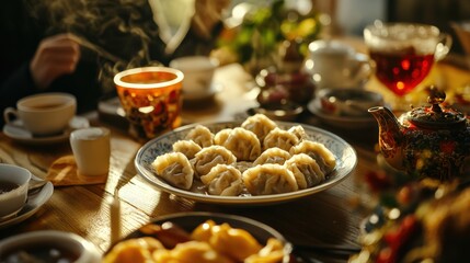 Naklejka premium A table with a variety of food and drinks, including a plate of dumplings