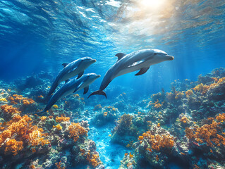 Naklejka premium Day of Dolphins. Dolphins in a Vibrant Ocean Setting, Showcasing Joyful Activity and the Beauty of Marine Life