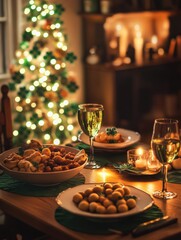 An evening meal with wine at a table adorned with festive greenery.