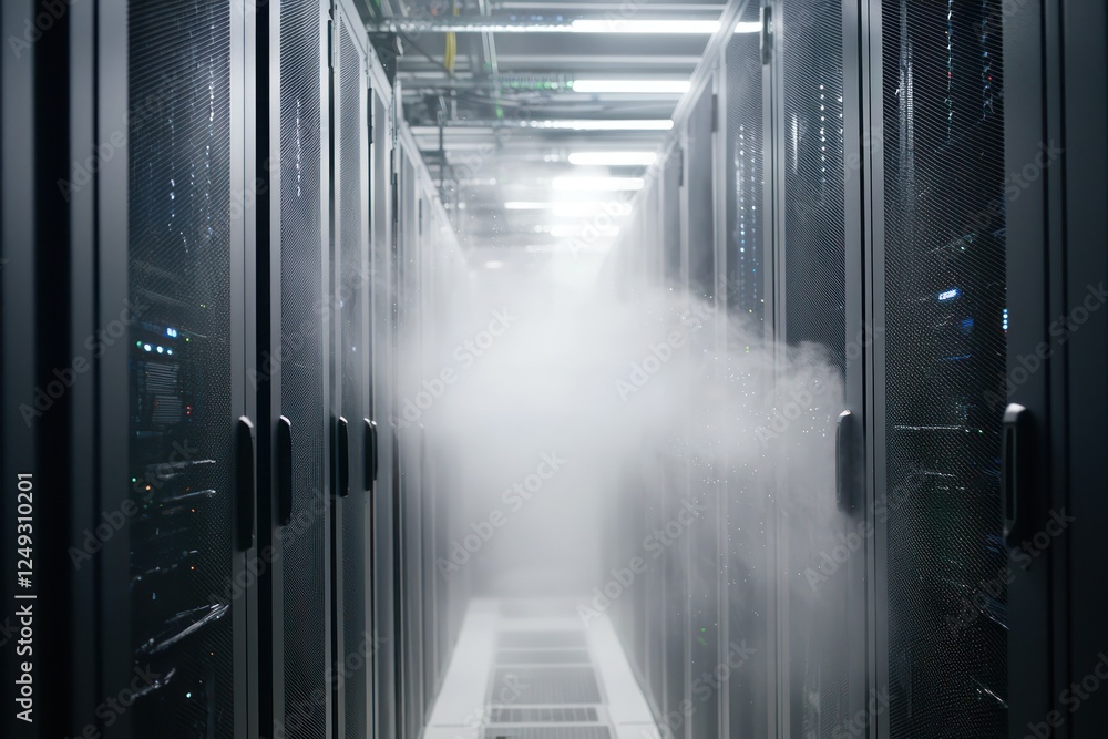Poster cooling system in server room uses fine mist to efficiently manage air temperature and maintain syst