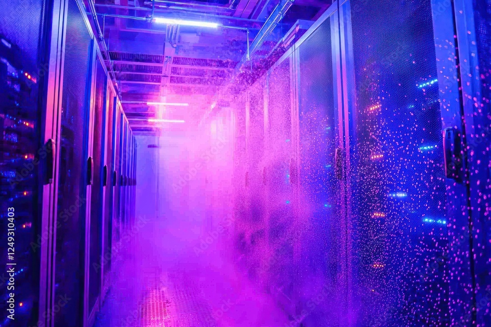 Poster server room utilizing a mist cooling system that efficiently lowers temperatures with water droplets