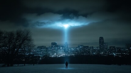 Beam of Light Emerges Above City Skyline Under Cloudy Night Sky Near Lone Figure Standing