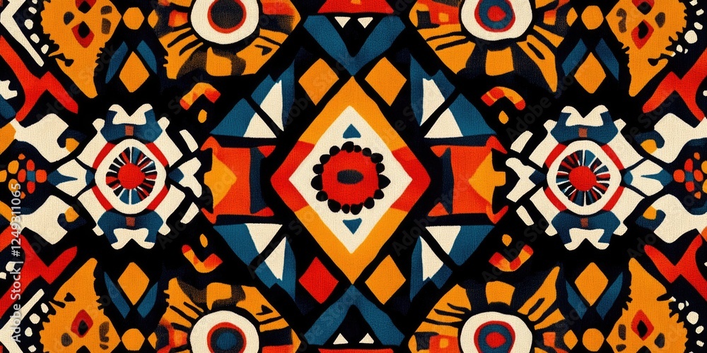 Poster a vivid and intricate geometric pattern with a variety of colors and shapes.