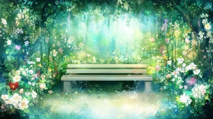Bench Surrounded by Blossoming Flowers in Sunlit Garden Tranquil Atmosphere Serene Scene.