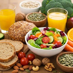 A fresh and healthy meal with a colorful salad in a white bowl, consisting of lettuce, cherry tomatoes, cucumber, and carrot slices