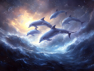 Naklejka premium Day of Dolphins. Dolphins in a Vibrant Ocean Setting, Showcasing Joyful Activity and the Beauty of Marine Life
