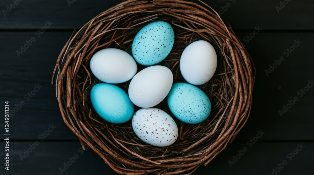 Poster bird eggs arranged in a nest on black wood surface with mottled and plain shells.