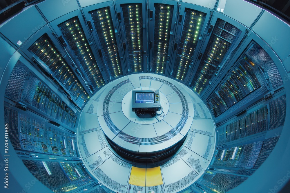 Poster efficient server room design with cabinets arranged around a central monitoring station.