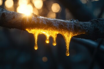 A detailed shot of tree sap oozing from a broken tree branch, with sunlight catching its golden, sticky texture, copy space background