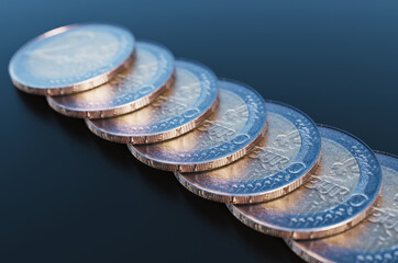 Close up of pile of two euro coins. 3d rendering illustration