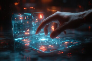 A futuristic glass touchscreen panel with a seamless, reflective surface, illuminated by holographic UI elements, copy space background