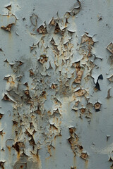 gray purple background, in the photo an iron wall with peeling old paint and rust