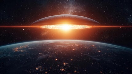 Obraz premium Spacebased solar power station beaming energy to Earth, futuristic extraterrestrial energy source