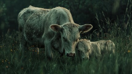 Fototapeta premium Two cows are grazing in a field of grass