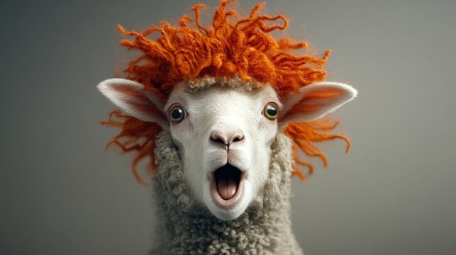 A whimsical sheep with bright orange curly hair, expressing surprise or excitement.