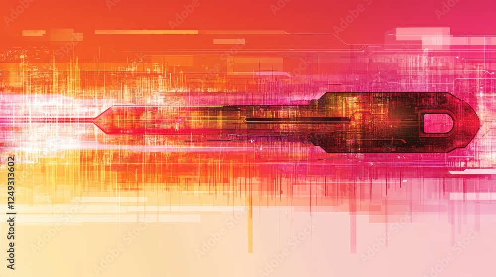Poster Digital key unlocking data stream; abstract background; cybersecurity concept