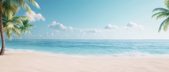 Fototapeta premium Tranquil sandy beach with gentle waves and swaying palm trees on a bright sunny day