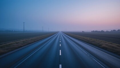Fototapeta premium Misty Dawn Highway Serene Empty Road Leading to Horizon at Sunrise