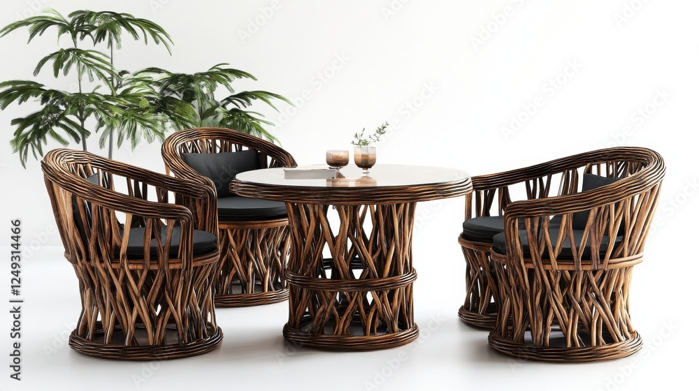 Poster stylish rattan furniture set with drinks on a table, surrounded by greenery in a modern setting