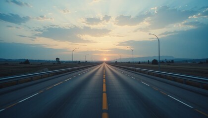 Scenic Highway at Sunset Empty Asphalt Road Leading to Horizon