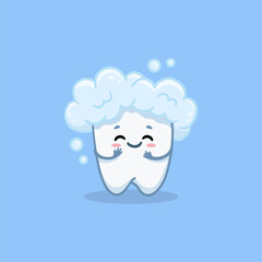 Cute cartoon tooth on a white background.Tooth in a foam cloud. Vector illustration