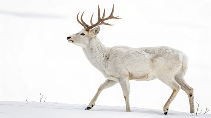 Fototapeta premium Albino Whitetail Deer in Winter Side Profile, Snowscape Composition, Wildlife Photography, White Deer, Snow Albino Deer, Winter Wildlife