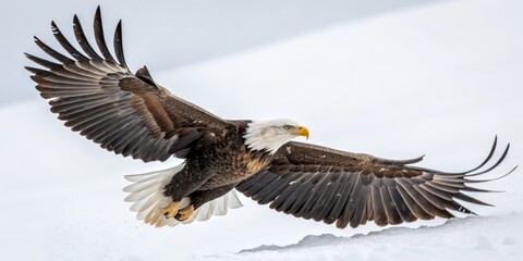Obraz premium Bald Eagle in Flight Winter Composition, Snow Background, Majestic Bird, Wildlife Photography Bald Eagle, Wildlife, Bird of Prey