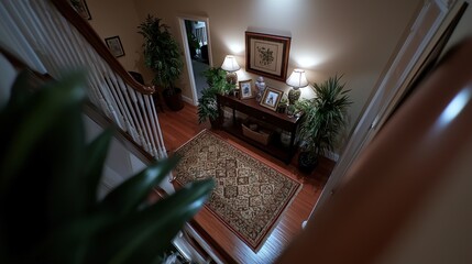 Cozy indoor hallway with plants, lamps, and family photos creating a warm atmosphere
