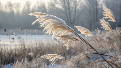 Obraz premium Frozen Pampas Grass in Winter Landscape Close-up Composition, Nature Photography, Frosty Scene Winter, Nature Photography
