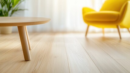 Stylish and minimalist living room with wooden furniture and a yellow armchair, creating a cozy and inviting atmosphere